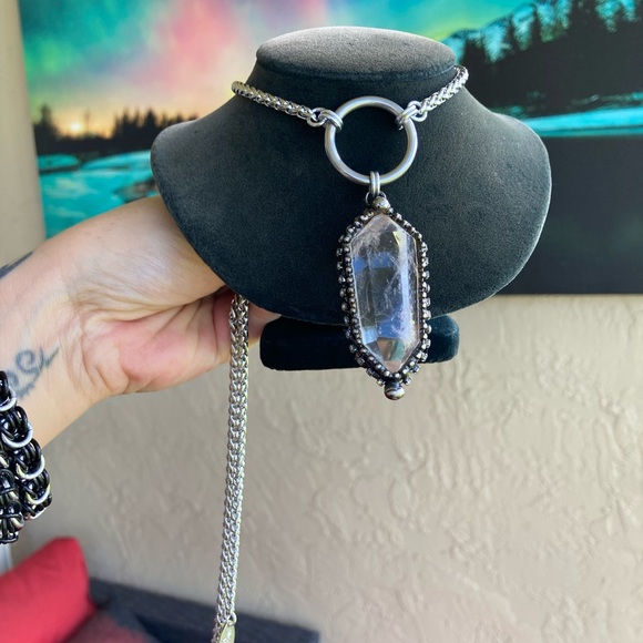 LONG 26 inch chain BIG Crystal quartz black electroplated boho goth necklace - Picture 6 of 14